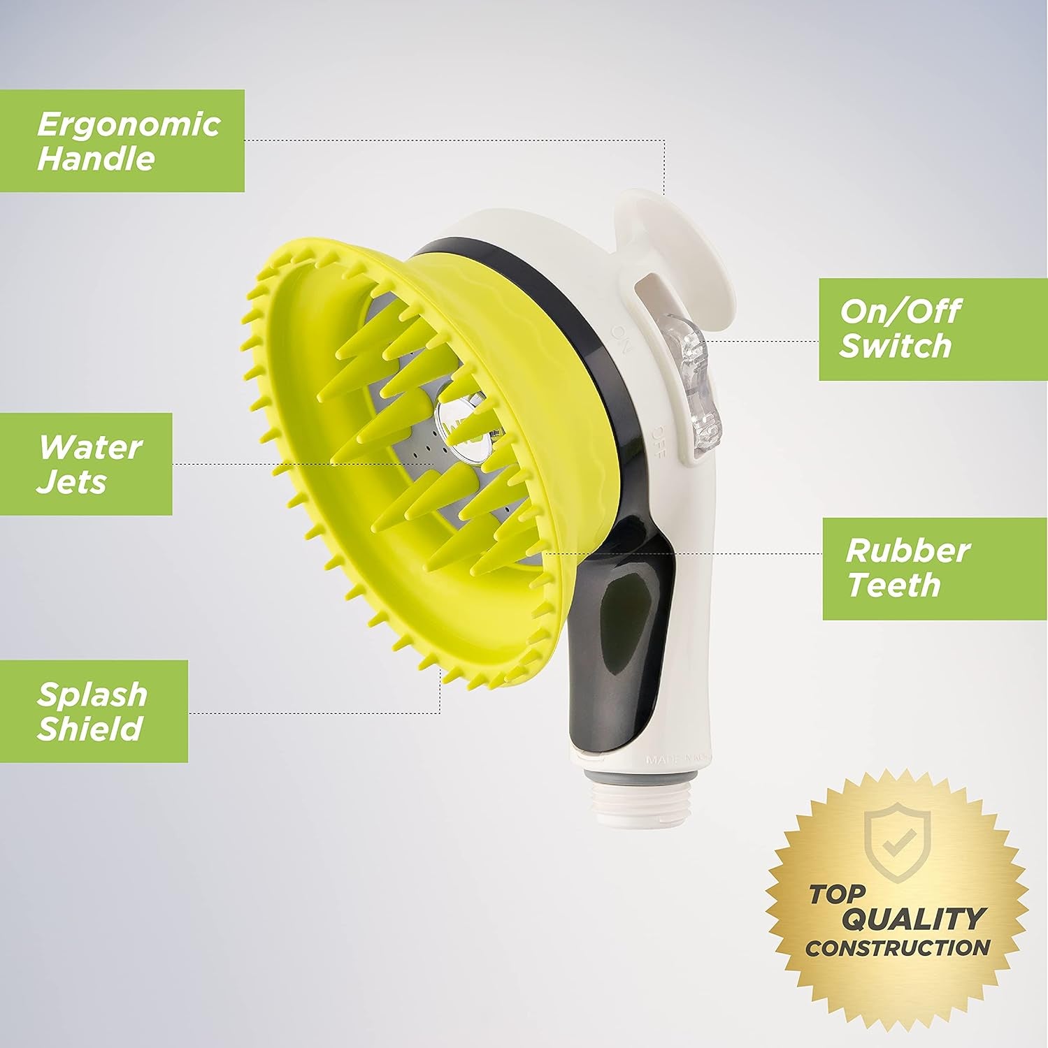 Indoor and Outdoor Dog Wash Kit for Shower and Garden Hose with Splash Shield and Rubber Scrubbing Attachment. Fast and Easy Dog Bathing and Cleaning. Pet Grooming for Long and Short Hair