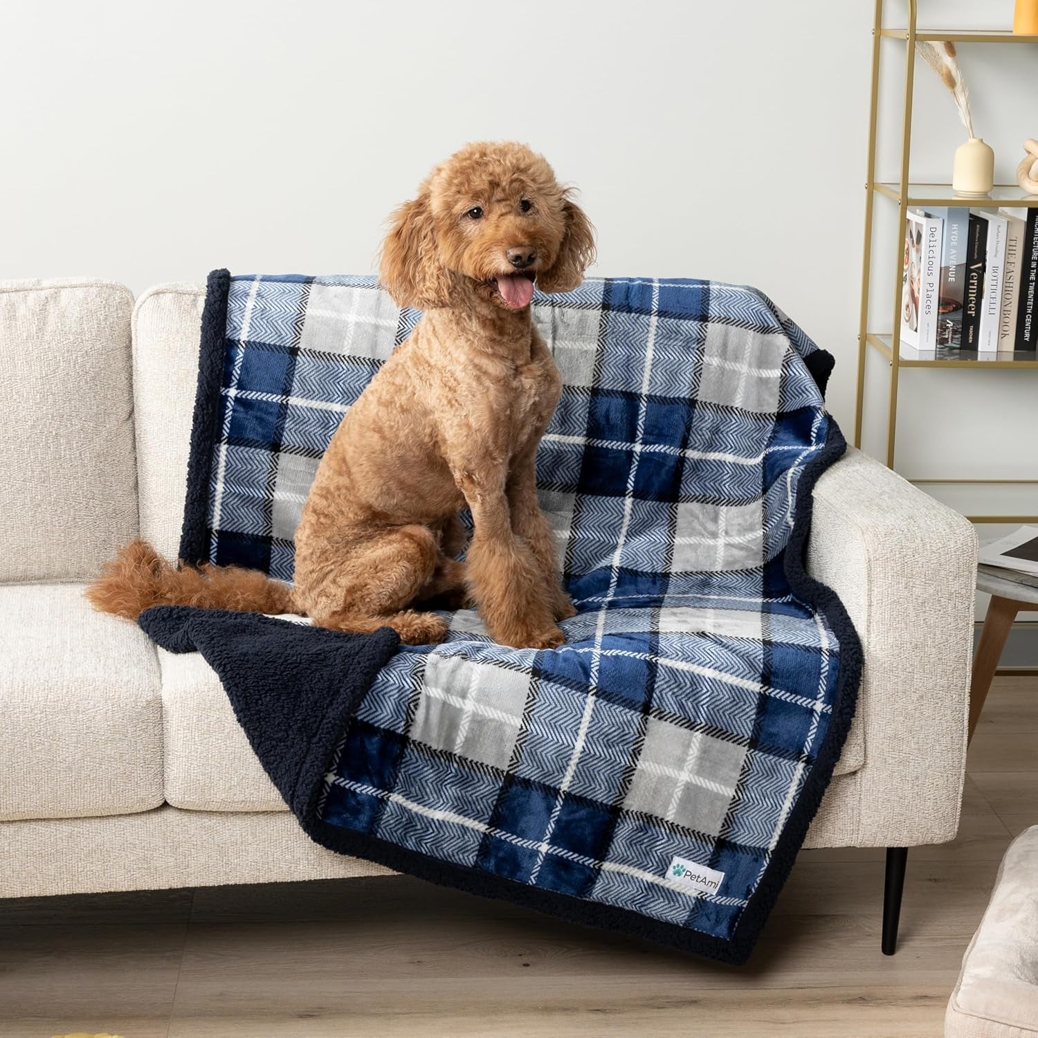 Waterproof Dog Blanket for Small Medium Dog Puppy Cat Throw for Couch Cover Leakproof Protection, Sherpa Fleece, Reversible Soft Washable 29X40 Plaid Navy Blue
