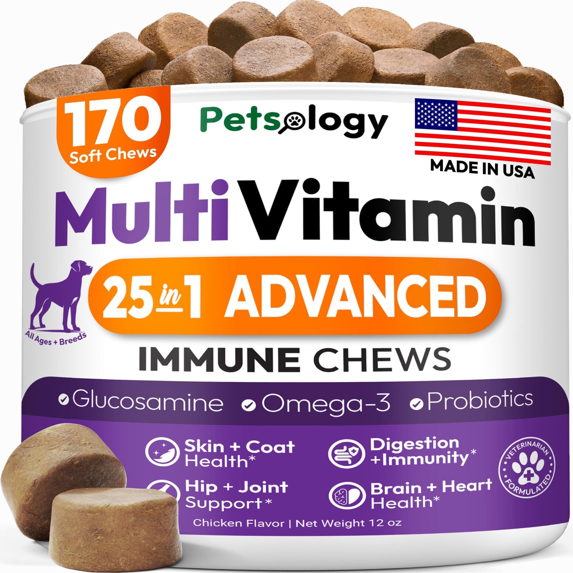 Dog Multivitamin Chewable Supplements with Glucosamine - 170 Chews for Hip Health