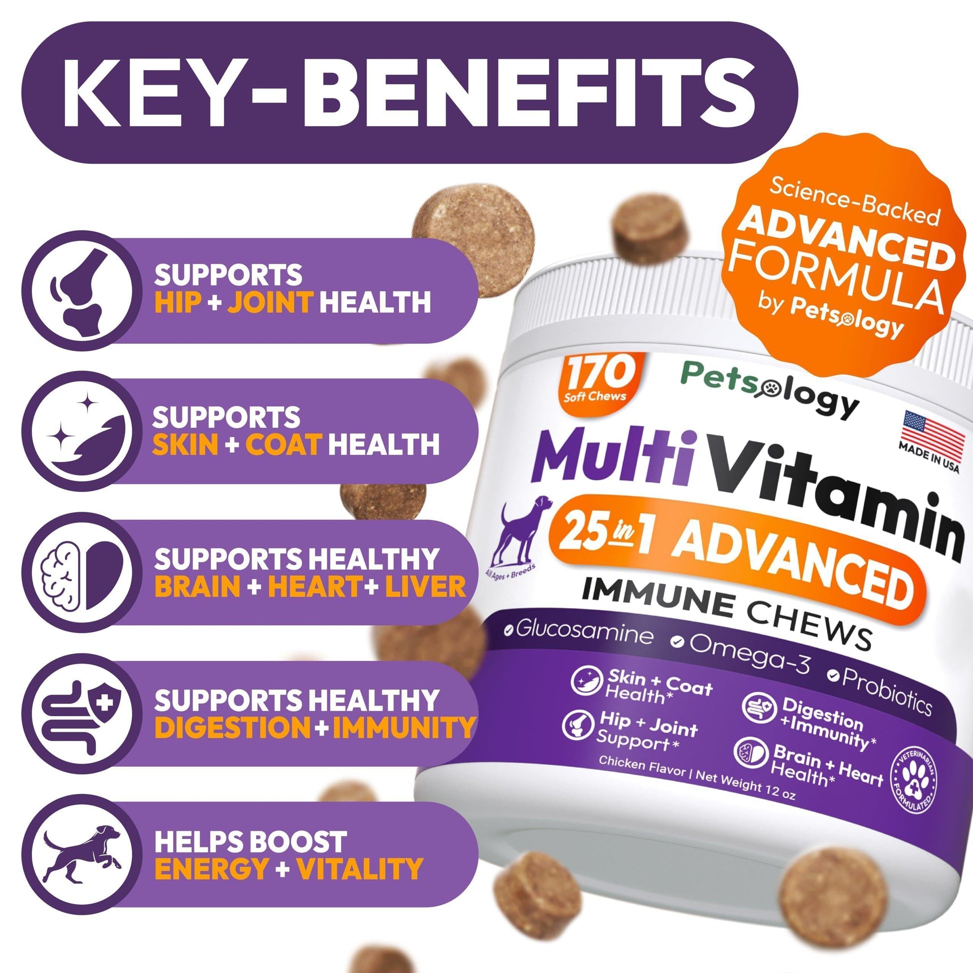 Dog Multivitamin Chewable Supplements with Glucosamine - 170 Chews for Hip Health