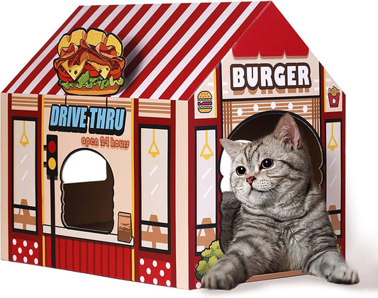 Cardboard Cat House with Scratcher/Catnip,(16.5''X12''X15'') Burger Shop for Indoor/Outdoor Cats,Cat Play House&Home Decor,Cat Scratch Toy,Hideout for Bunny&Small Animals