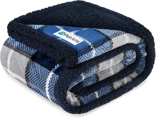 Waterproof Dog Blanket for Small Medium Dog Puppy Cat Throw for Couch Cover Leakproof Protection, Sherpa Fleece, Reversible Soft Washable 29X40 Plaid Navy Blue